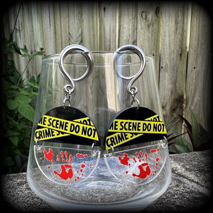 True crime earrings Crime scene earrings Halloween earrings 6 gauge ear weights Horror punk earrings 4mm 6mm 8mm 10mm 12mm 14mm 16mm 19mm 22mm 25mm 28mm 30mm Real life crime Crime scene clean up Spaulding Gauged earrings Stretched lobes Stretched ears Gauged ears 