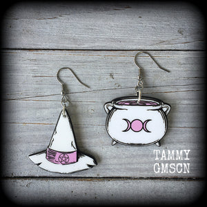 Witches hat and cauldron earrings-Pastel goth earrings