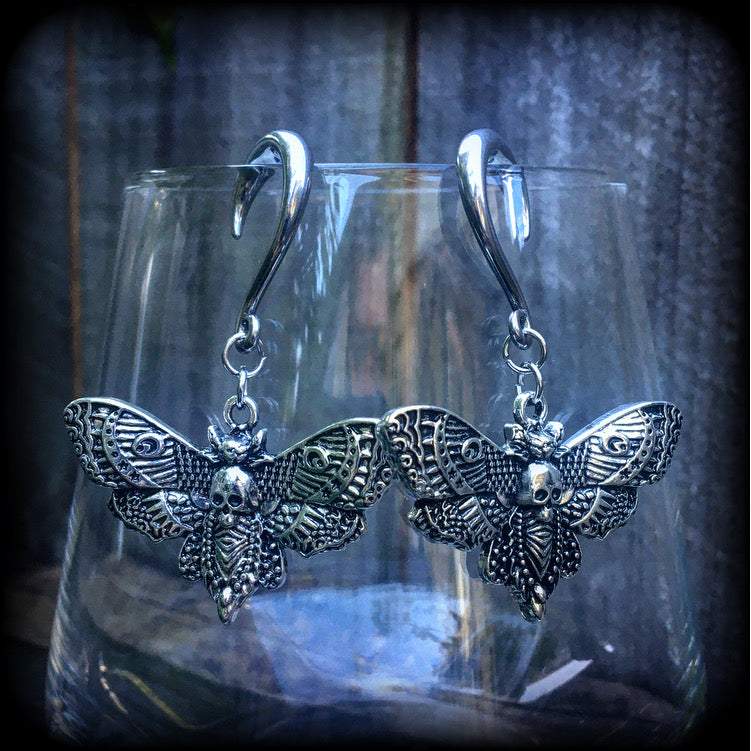 Deathshead moth earrings Deaths head moth earrings Deathshead moth ear weights Deathsheath moth ear hangers Dreadpunk Flowerpunk Cottagecore earrings Fairycore Gauged ears Stretched ears 4mm 6mm 8mm 10mm 12mm 14mm 16mm 19mm 22mm 25mm 28mm 30mm 