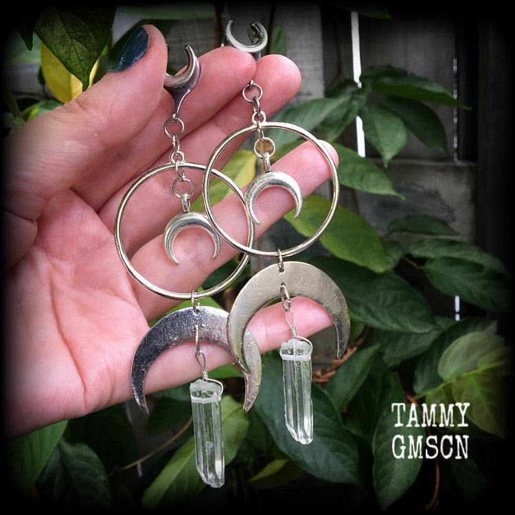 Crescent moon and faux crystal gauged earrings