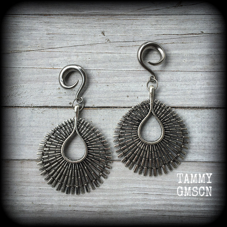 Antique silver Ishtar gauged earrings-Starburst ear weights