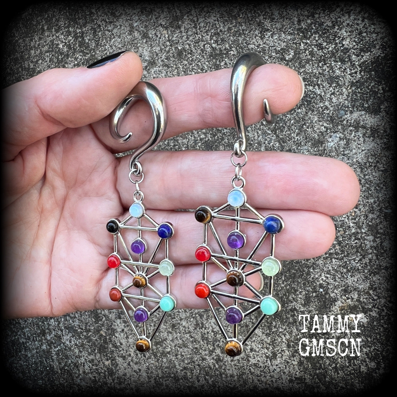 Gemstone Tree of life gauged earrings-Kabbalah-Qabalah jewelry