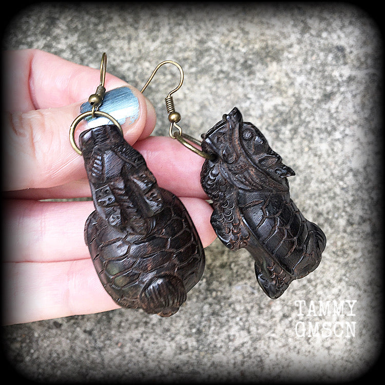 Dragon turtle earrings-Carved wood earrings