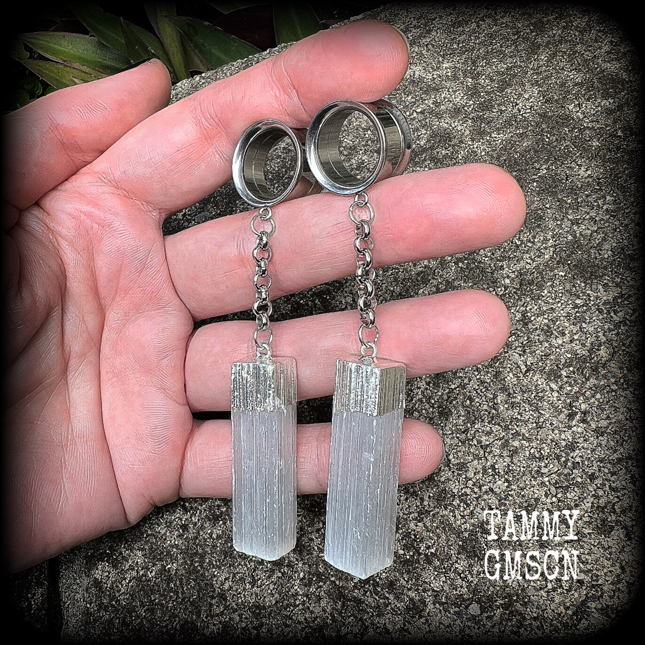 Selenite tunnel earrings-Gemstone tunnels