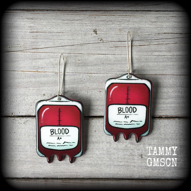 Blood bag earrings-Halloween earrings