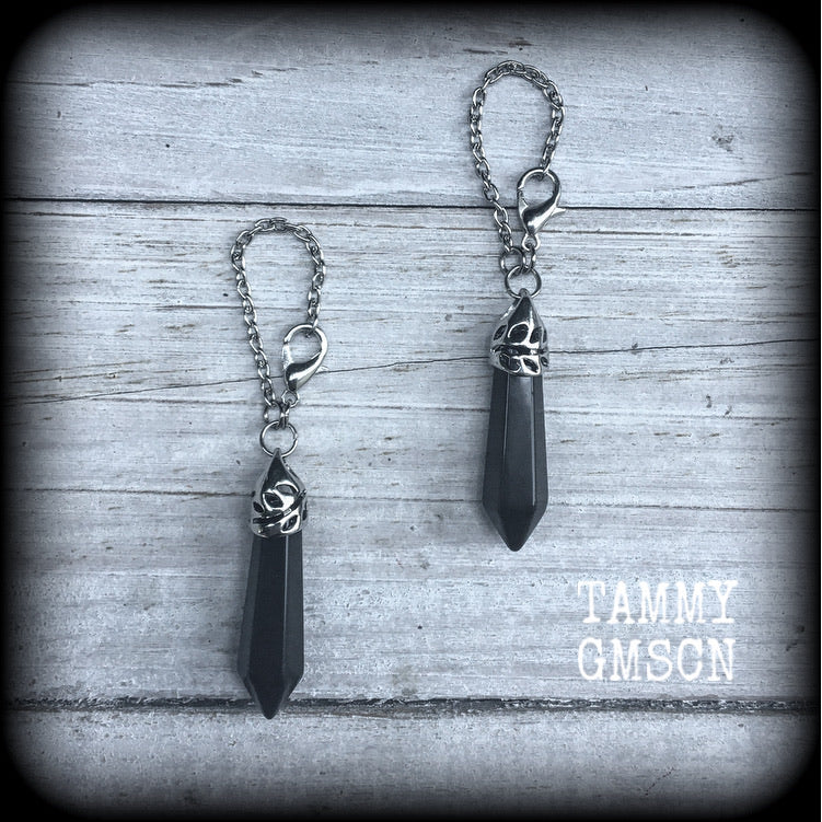 Black Obsidian earrings-Gemstone tunnel dangles