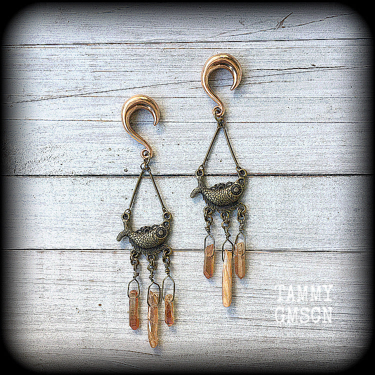 Tiamat pink druzy and bronze fish gauged earrings