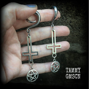 Antique silver inverted cross pentagram gauged earrings