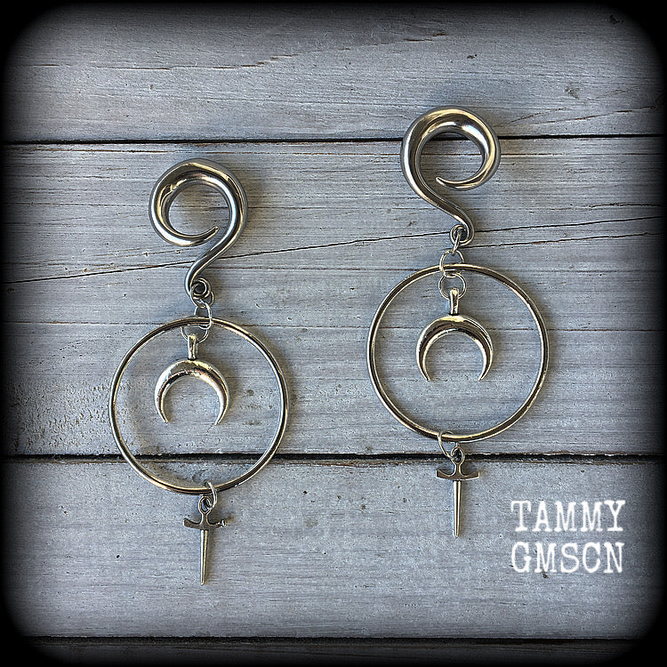 Crescent moon and dagger gauged earrings