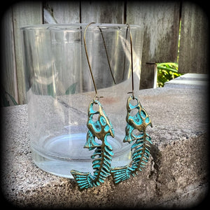 Patina fish skeleton earrings