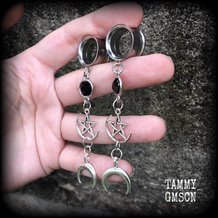 Crescent moon and pentagram tunnel dangles