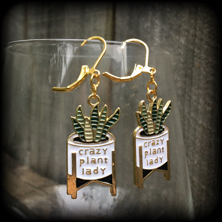 Crazy plant lady earrings Snake plant earrings Cactus jewelry Pot plants Plant jewelry Pierced ears Leverback hooks Clip ons Ear gauges Crazy plant lady jewellery Cactus earrings Nature jewelry Novelty gifts Stocking stuffers Christmas gifts