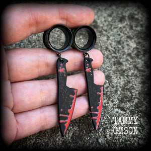 Bloodied knife tunnel earrings-Horror punk earrings