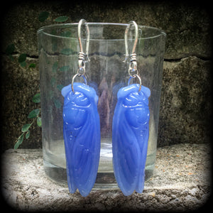 Blue jade cicada earrings-Gemstone insect ear hangers