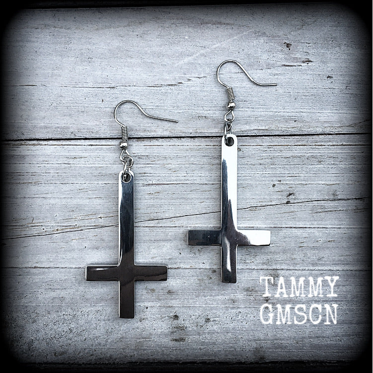 Inverted cross jewelry Inverted cross earrings Church of Satan jewelry Satanic earrings Satanic body jewelry Pierced ears gauges Stretched ears Stretched lobes Demons Evil Gothic Occult 4mm 6mm 8mm 10mm 12mm 14mm 16mm 19mm 22mm 25mm 28mm 30mm