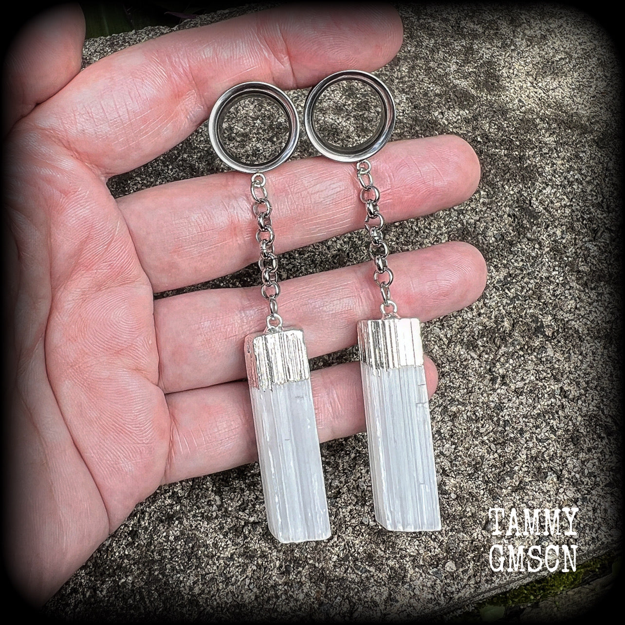 Selenite tunnel earrings-Gemstone tunnels