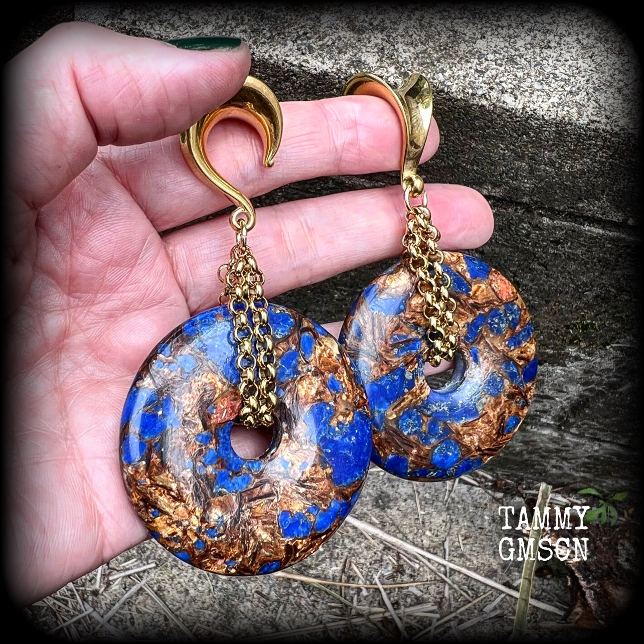 Lapis lazuli and bronzite gauged earrings-Ear hangers