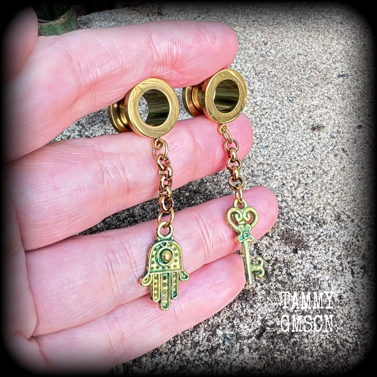 Hamsa hand and key tunnel earrings-Evil eye jewelry