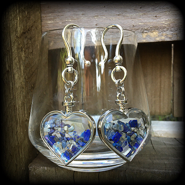 Lapis lazuli gemstone heart earrings-Ear hangers