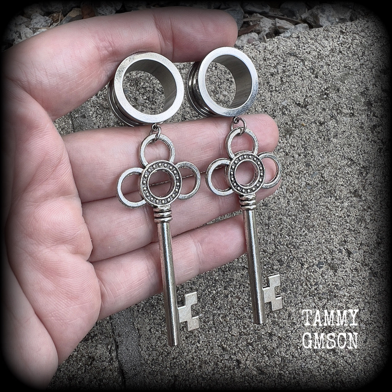 Large Antique silver key tunnel earrings