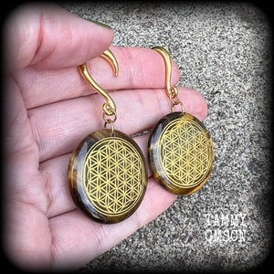 Tigers eye gemstone gauged earrings-Flower of life ear weights