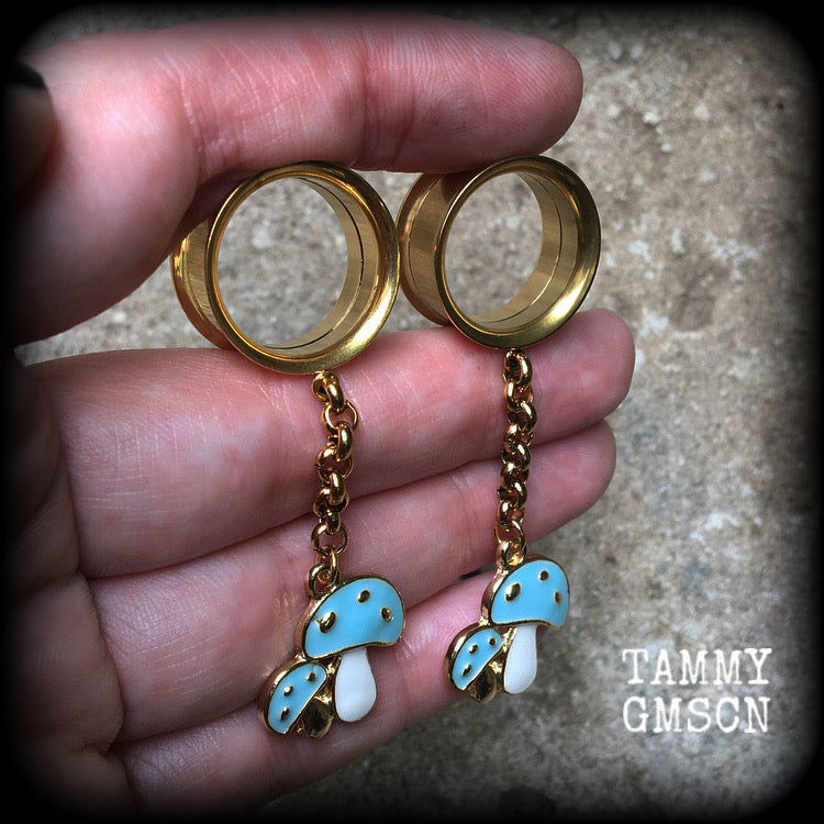 Blue meanies tunnel earrings-Mushrooms earrings