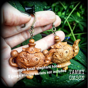 Teapot earrings-Carved wood earrings