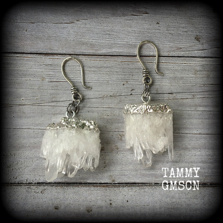 Clear raw quartz ear hangers-Gauged earrings