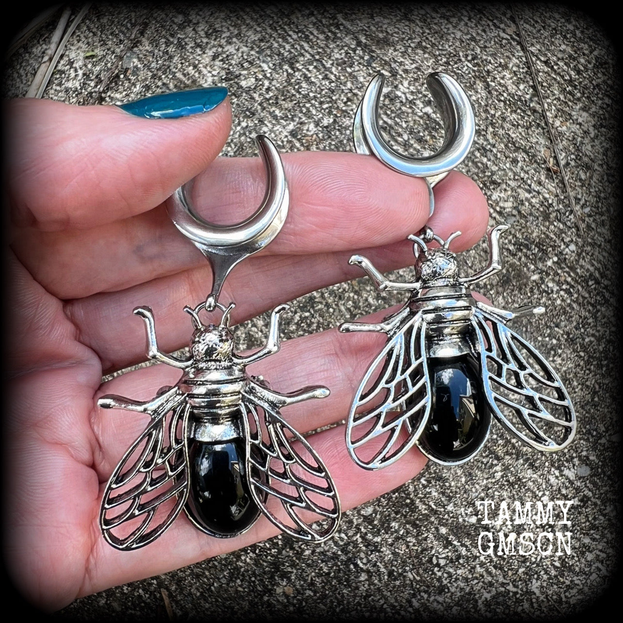 Black obsidian and antique silver insect gauged earrings