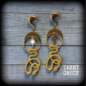 Snake and crescent moon gauged earrings