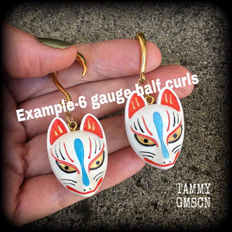 White kitsune gauged earrings-Wood earrings