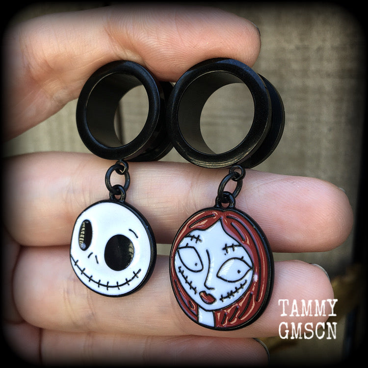 Jack and Sally tunnel earrings-Halloween earrings