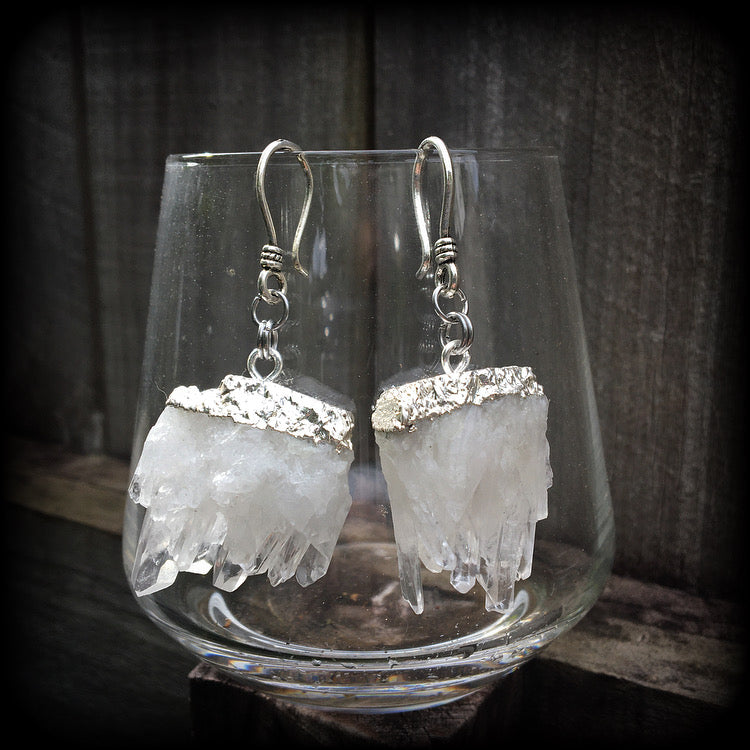 Clear raw quartz ear hangers-Gauged earrings