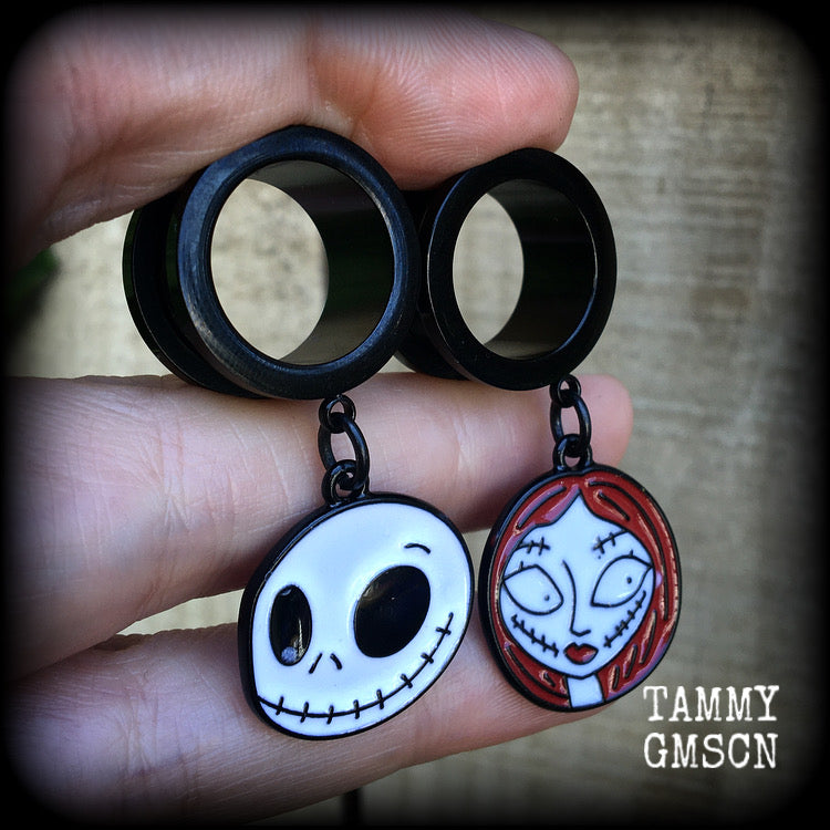 Jack and Sally tunnel earrings-Halloween earrings