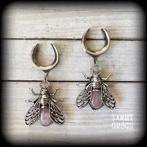 Rose quartz and antique silver insect gauged earrings