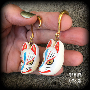 White kitsune gauged earrings-Wood earrings