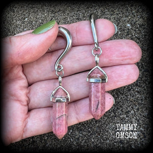 Gorgeous dusty pink rhodochrosite pillar gemstone gauged earrings for gauged ears, available on a range of hooks and clasps for pierced ears and stretched lobes up to 30mm