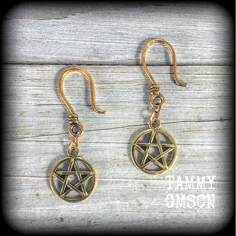 Gold pentagram earrings-Ear  hangers