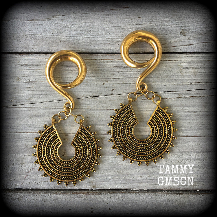 Antique gold Ishtar disc gauged earrings