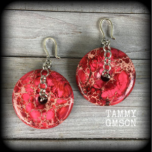 These gorgeous deep pink Ocean jasper earrings weigh in at 32 grams a piece, and hang just on 9cms from tip to tip, made with small antique silver shephard hooks, to be worn in silicone earlets in stretched lobes from 8 gauge (3mm).