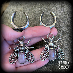 Rose quartz and antique silver insect gauged earrings