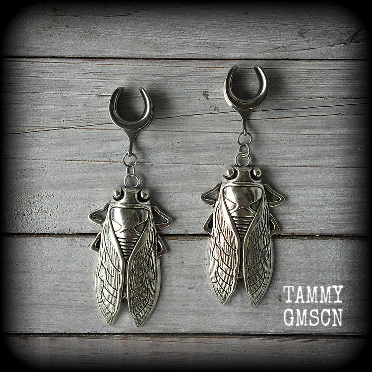 Silver cicada gauged earrings-Insect ear hangers