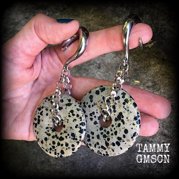 These Dalmatian Jasper gauged earrings have been made with chunky antique silver chain, measuring just under 10cms from tip to tip, and weighing 42 grams each

This pair has been made with 0 gauge (8mm) surgical steel full curls, for stretched lobes.