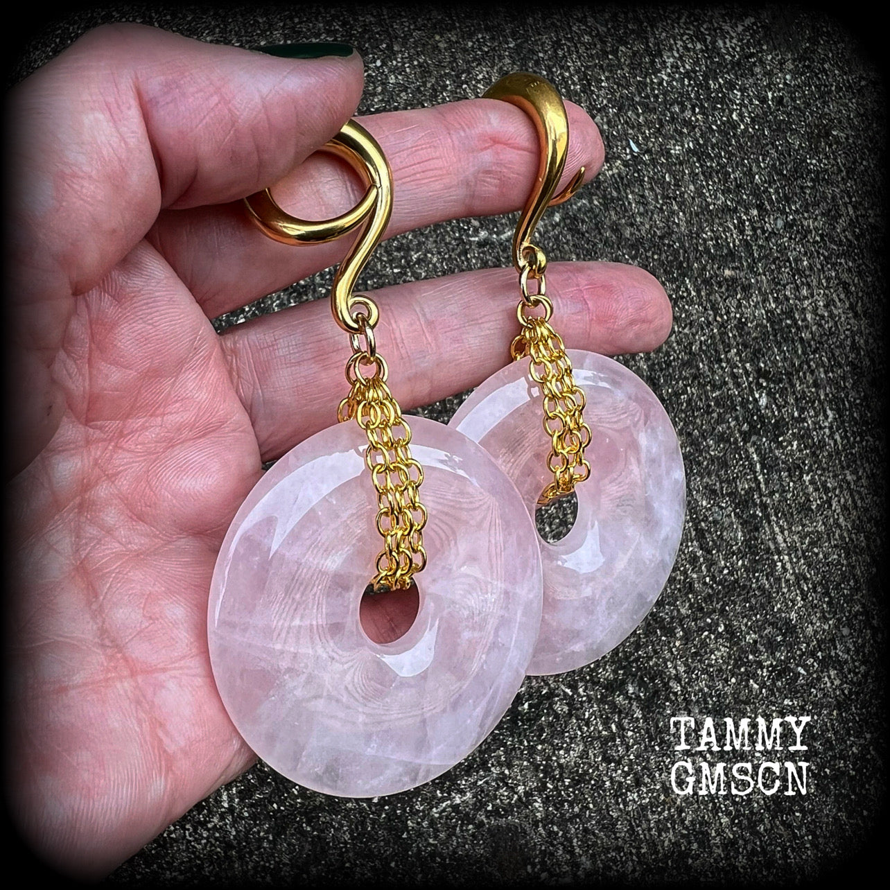 Rose quartz gauged earrings-Ear weights