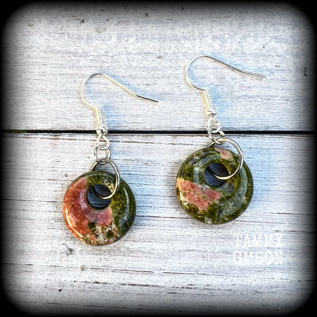 Unakite earrings Gemstone earrings Gemstone ear weights Unakite jewelry Hagstones Hag stone earrings Witches stones Adder stones Ear gauges Body jewelry Tunnels Plugs Stretched