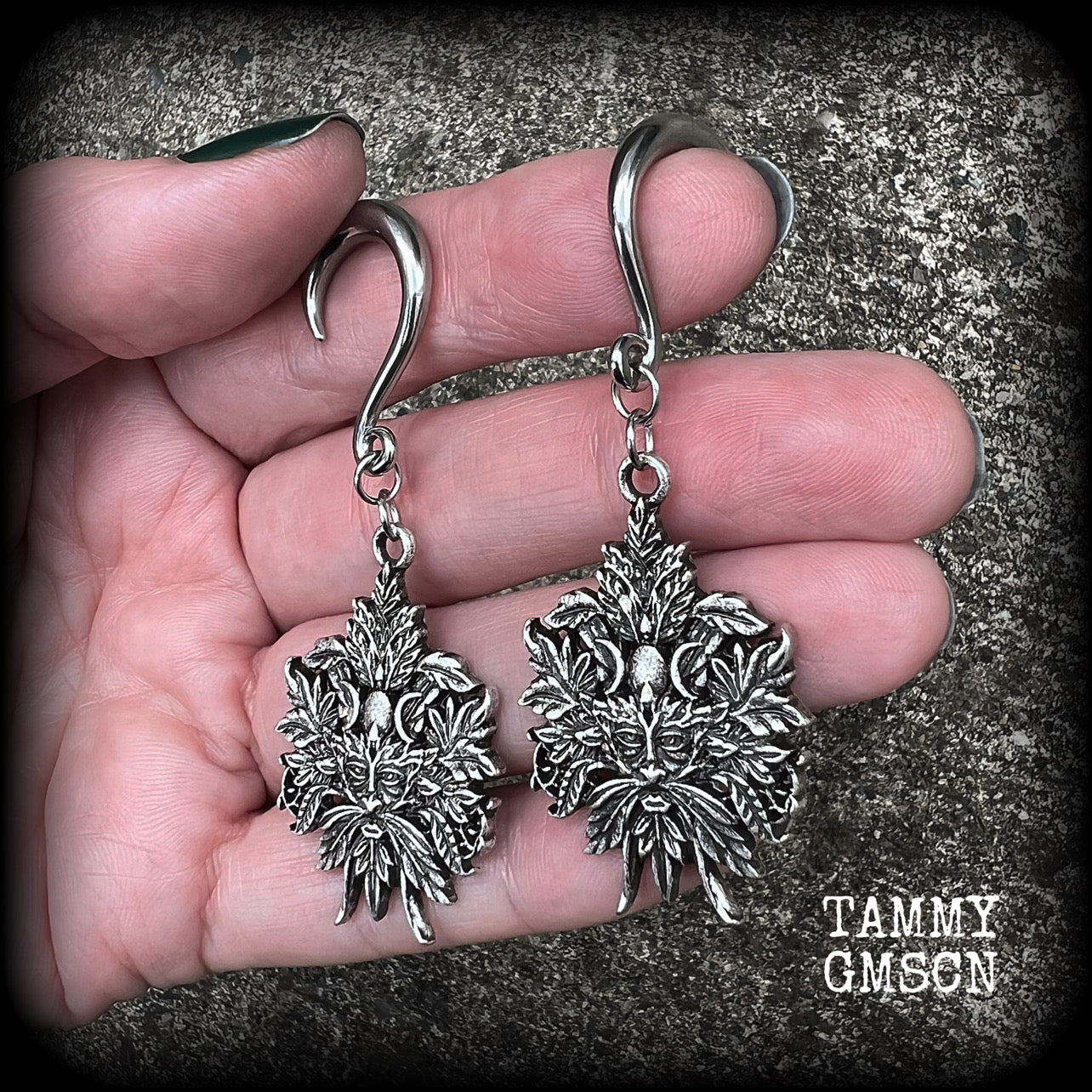 Greenman earrings Green man earrings Greenman jewelry Horned god Cernunnos jewelry Male god Stag god Folk horror Folk lore Mythology Mythological beasts Mythical Silver ear weights Ear hangers 4mm 6mm 8mm 10mm 12mm 14mm 16mm 19mm 22mm 25mm 28mm 30mm 