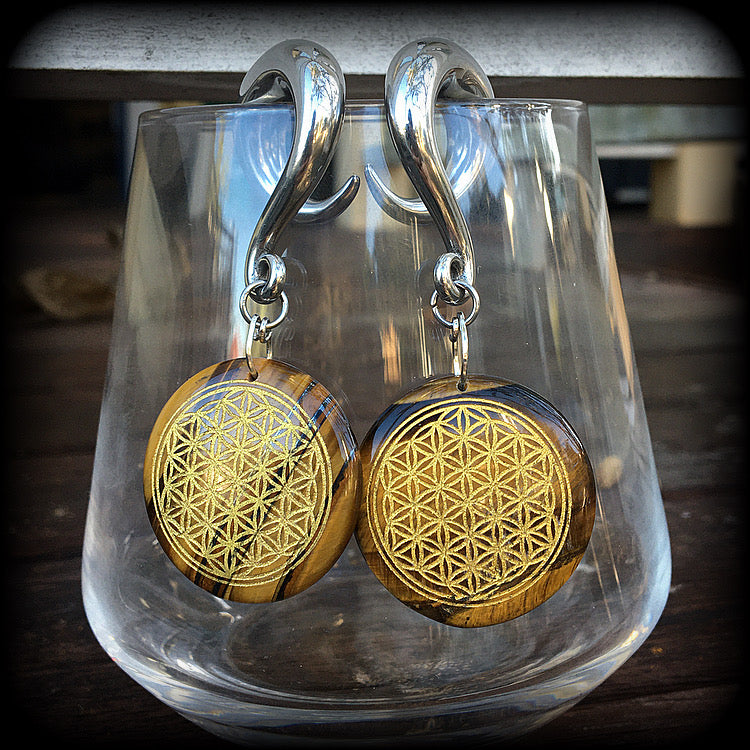 Tigers eye gemstone gauged earrings-Flower of life earrings