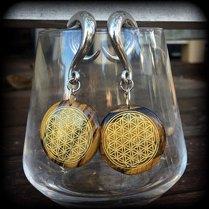 Tigers eye gemstone gauged earrings-Flower of life earrings