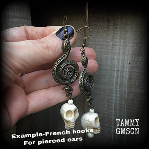 Serpent and skull earrings-Damballah jewelry