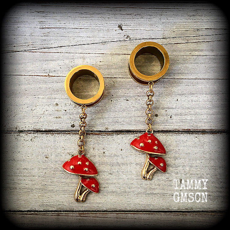 Red toadstool tunnels-Mushrooms tunnel earrings